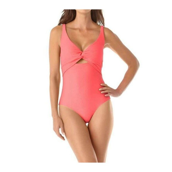 NWT ANNE COLE Dream Weaver Twist Front Keyhole One Piece Swimsuit 14 Melon - Picture 1 of 4